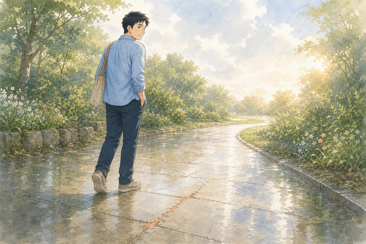 青いシャツの小路が、雨上がりの道に残る珊瑚色の補修跡を振り返りながら先へ歩くイラスト