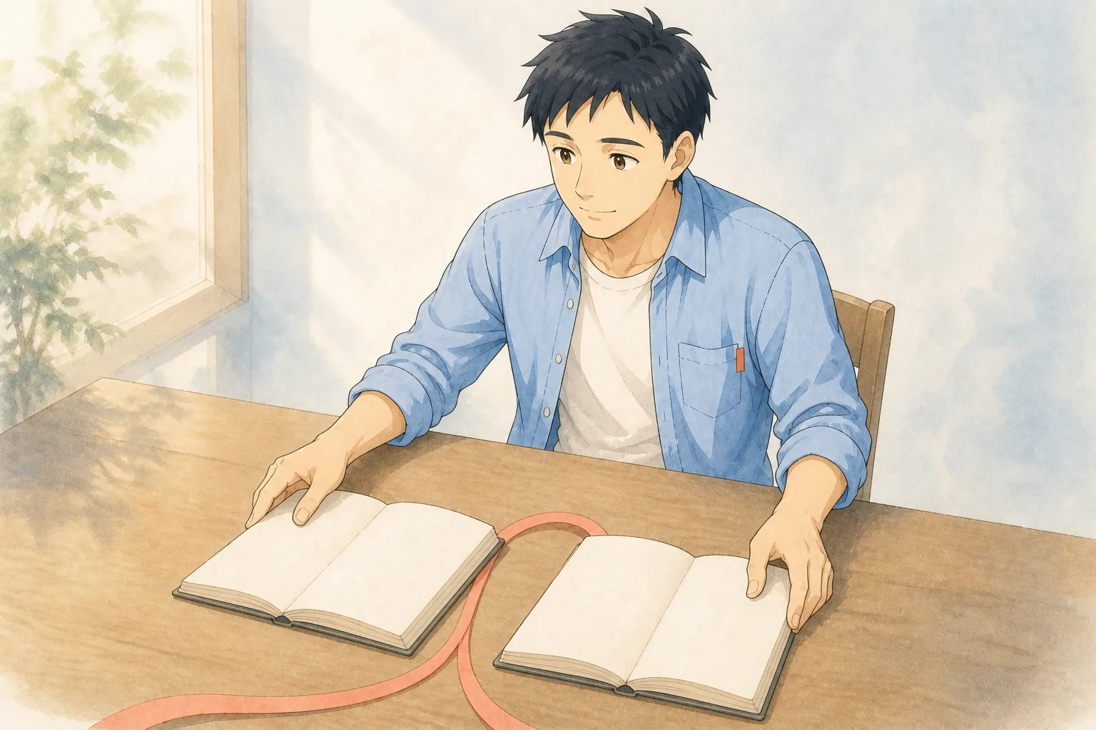 青いシャツの小路が、机の上で二冊の無記名のノートを並べて開くイラスト