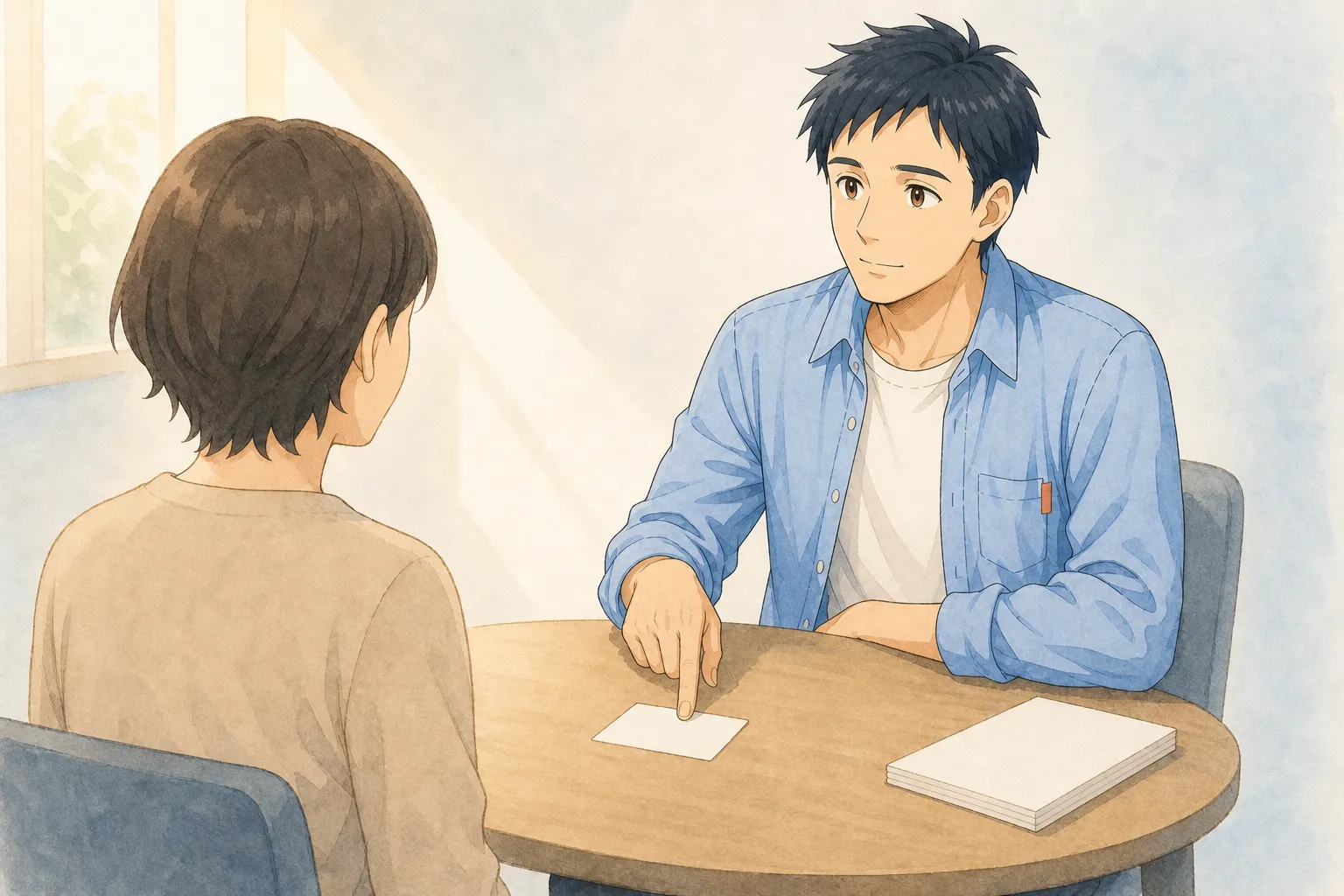 青いシャツの小路が相談相手と向かい合い、机の一枚の無記名カードを指して話し始めるイラスト
