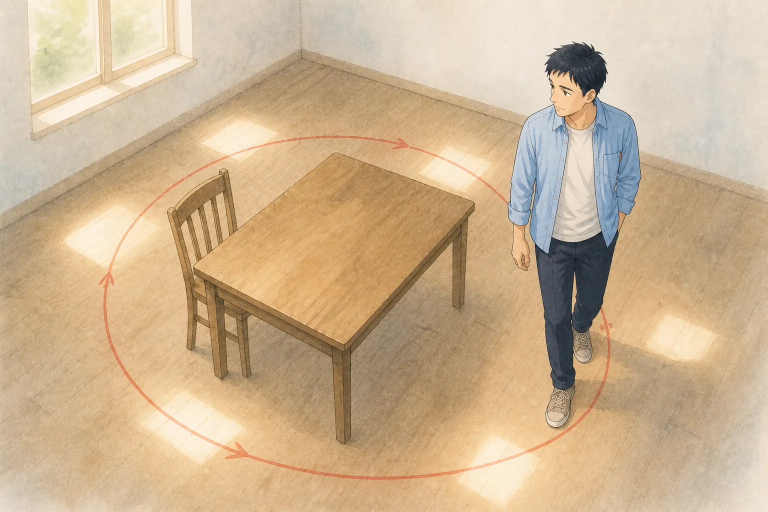 青いシャツの小路が、同じ机の周りを一周する珊瑚色の線の途中で立ち止まるイラスト