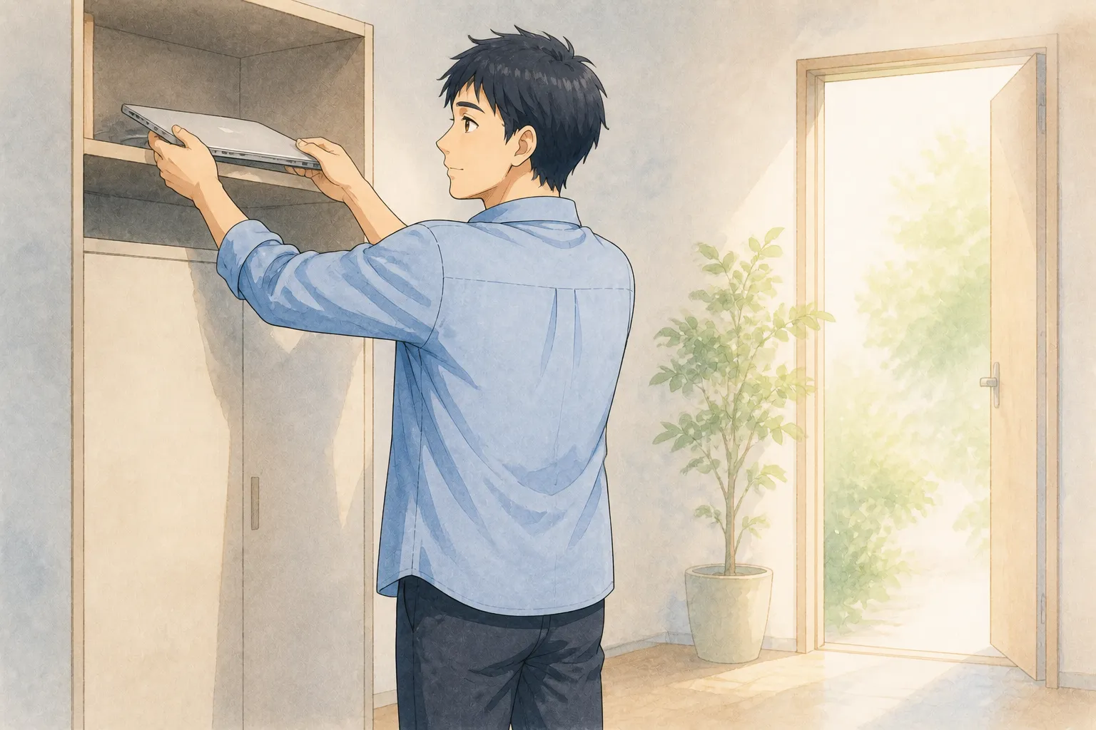 青いシャツの小路が、閉じた無記名のパソコンを高い棚へしまい、明るい戸口へ体を向けるイラスト