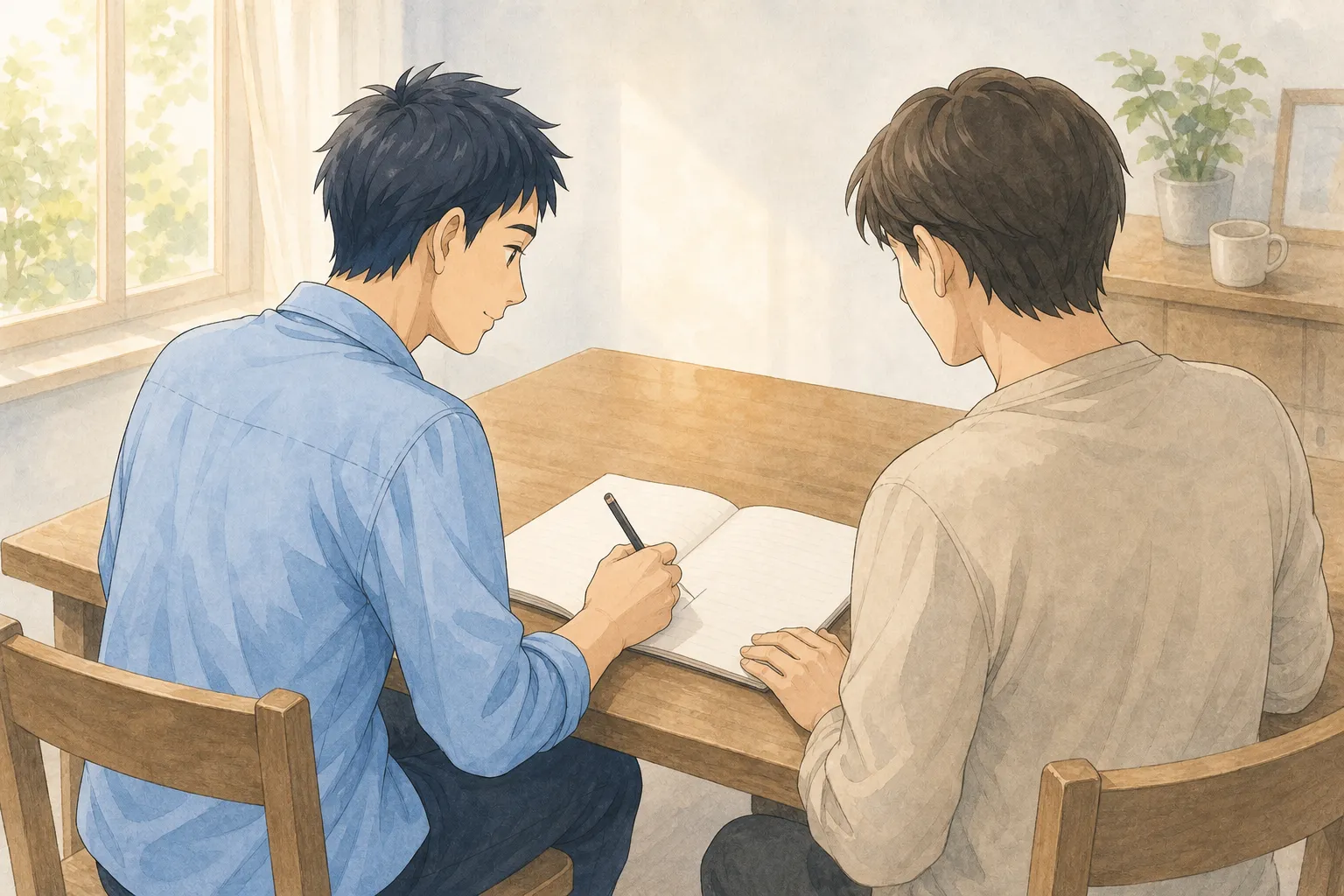 青いシャツの小路が、身近な人と同じ側に並び、開いた無記名のノートへ自分で書きながら一緒に見ているイラスト
