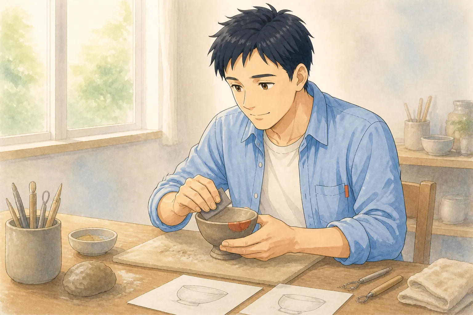 青いシャツの小路が、明るい作業机で補修中の小さな器を丁寧に磨くイラスト