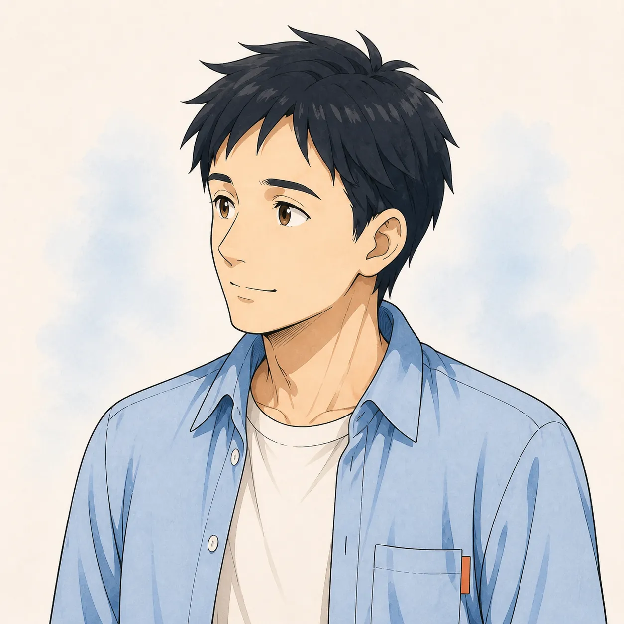 青いシャツを着た、書き手・小路の案内役イラスト